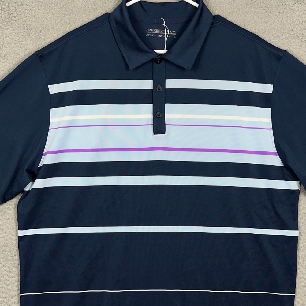 Nike Polo Mens XL Dri-FIT Navy Blue Striped Golf Short Sleeve Rugby Stretch EUC